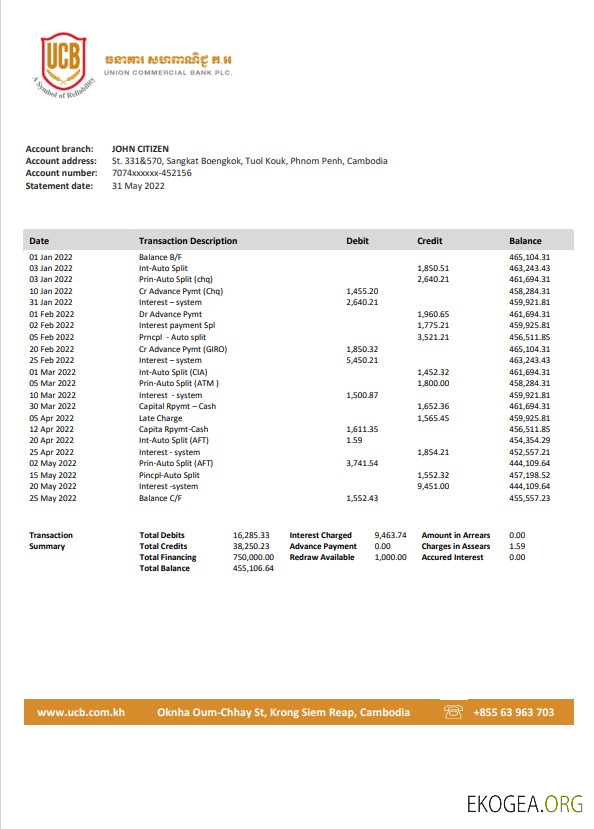 Modèle Word et PDF de relevé bancaire commercial de l'Union du Cambodge